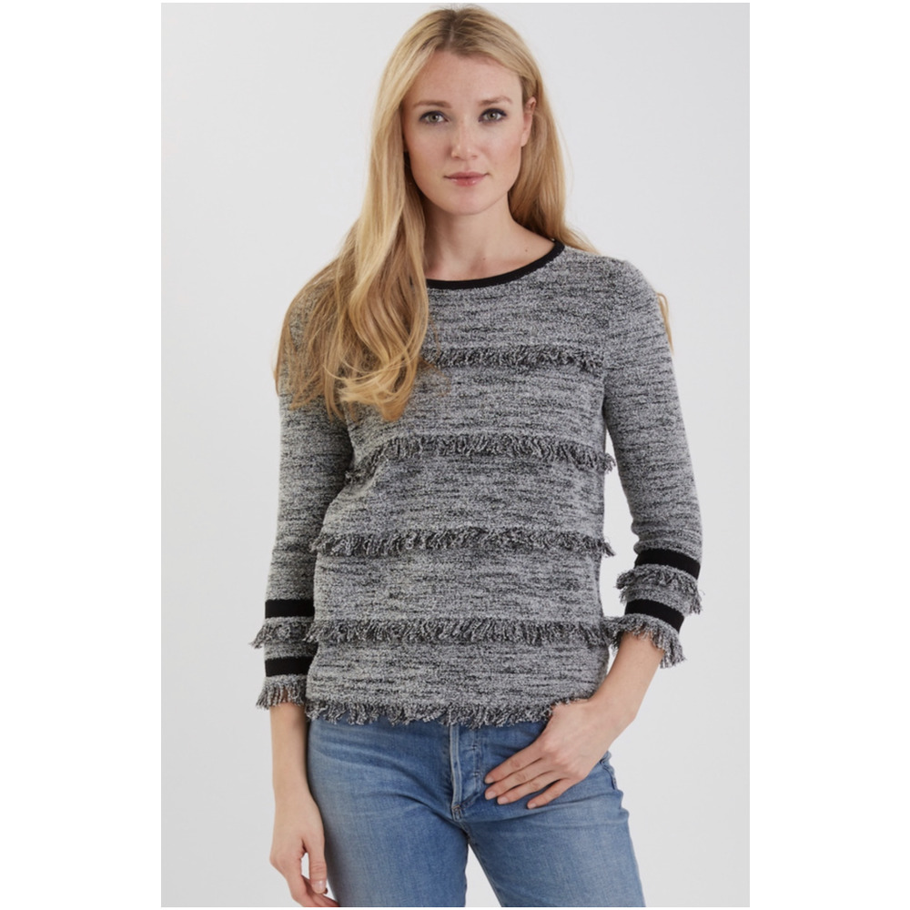 Belford Sweater Womens Large Black White 100% Pima Cotton Fringe 3/4 Sleeve